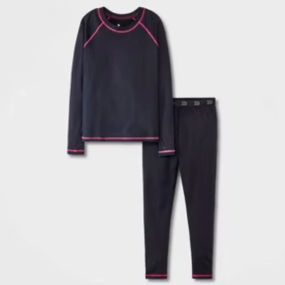 NWOT All in Motion Girls Black 2 pk Thermal Underwear Set- Size XL